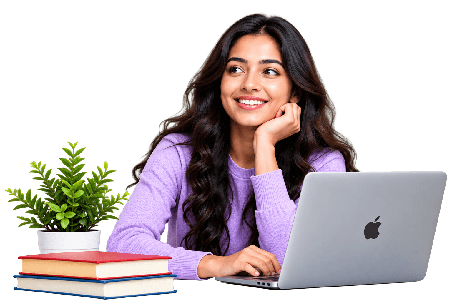 Student smiling beside her laptop, a stack of books and a plant