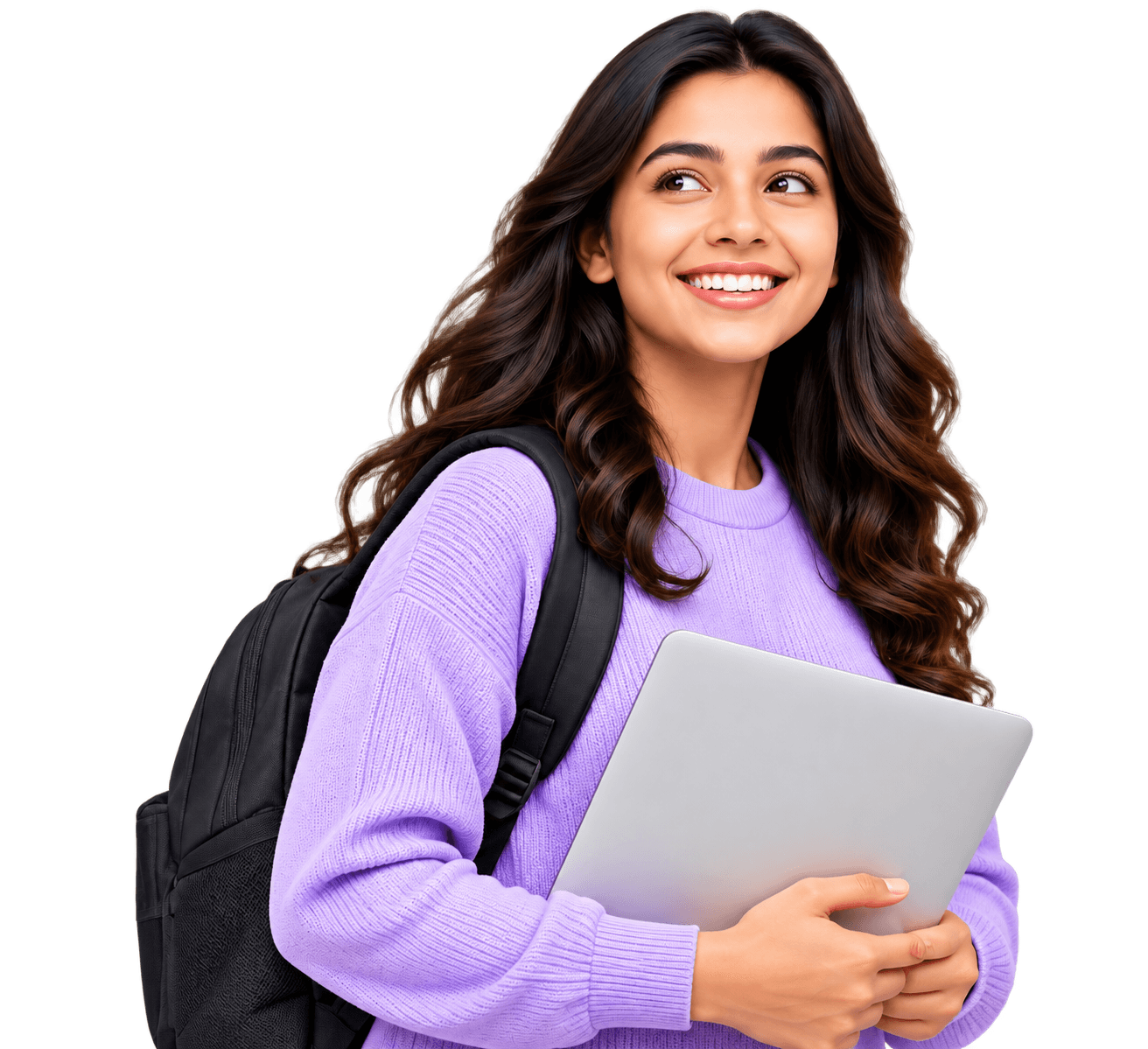 Student carrying a laptop and backpack, ready to help visitors get in touch