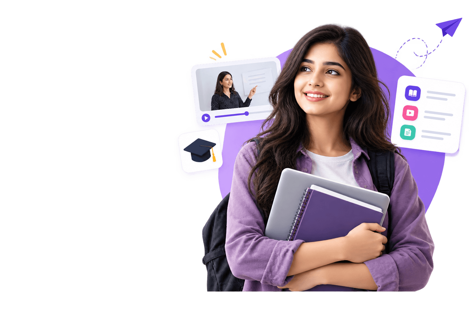 Student carrying a laptop and books, ready to start her next course