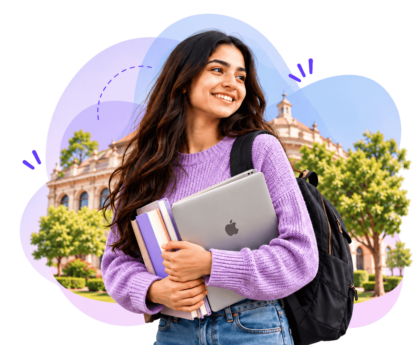 Student carrying a laptop and books, ready to start her next course